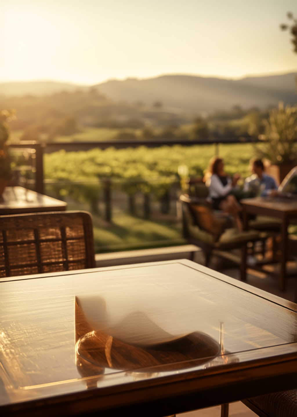 A terrace table set for lunch overlooking the vineyard at golden hour