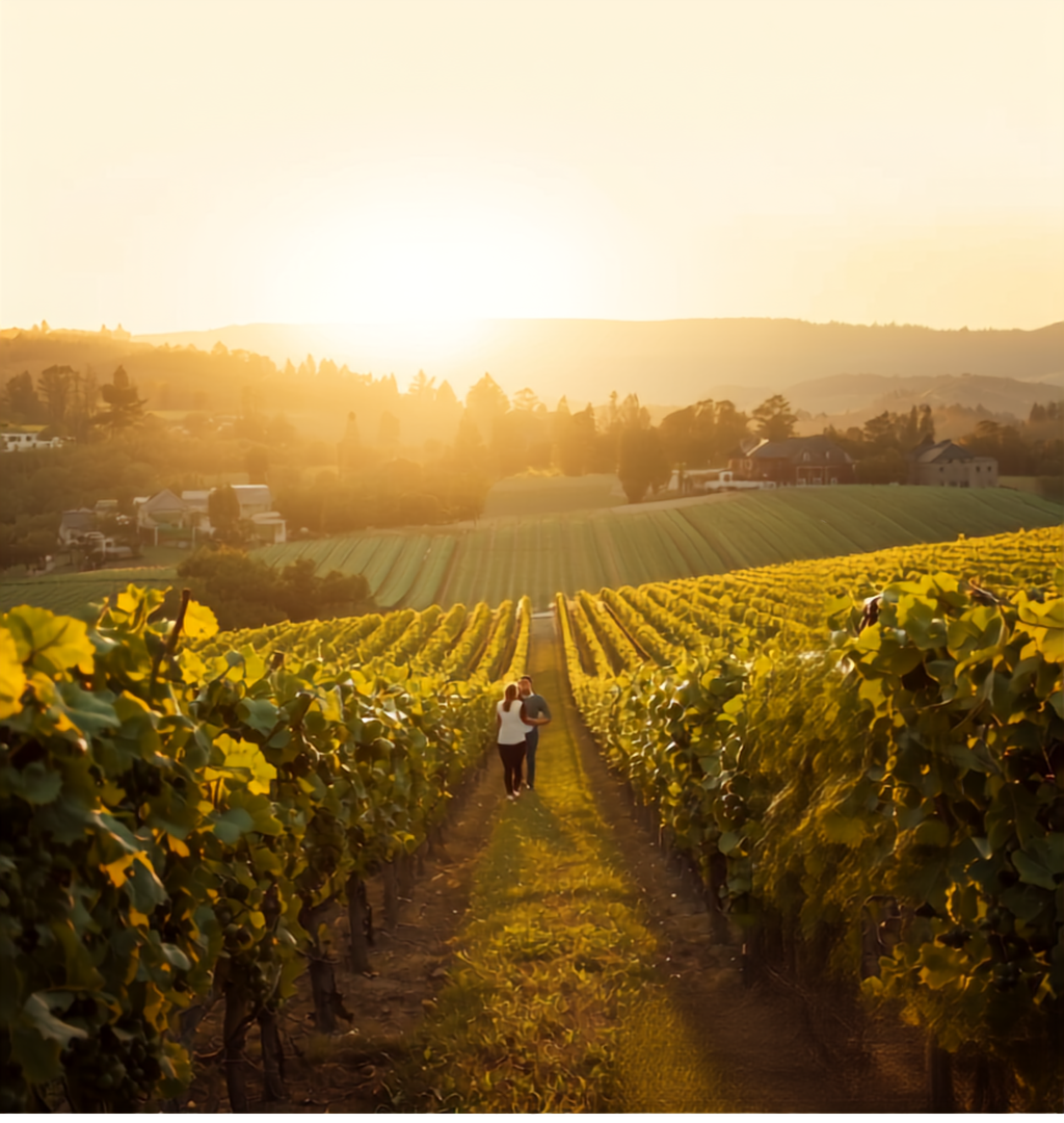 A couple walking hand in hand through the sunlit vineyard rows at Ambi Estate during golden hour