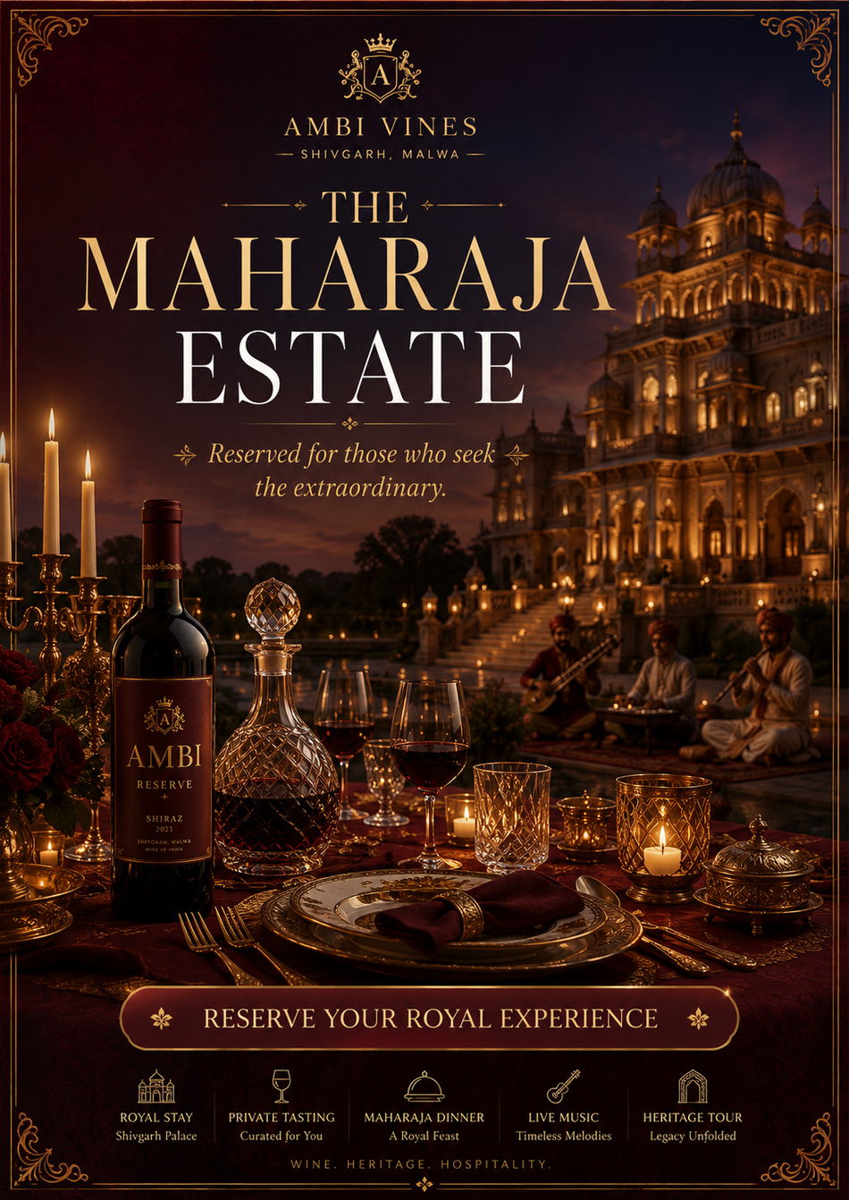 The Maharaja Estate — a candlelit royal table set before Shivgarh Palace illuminated at night