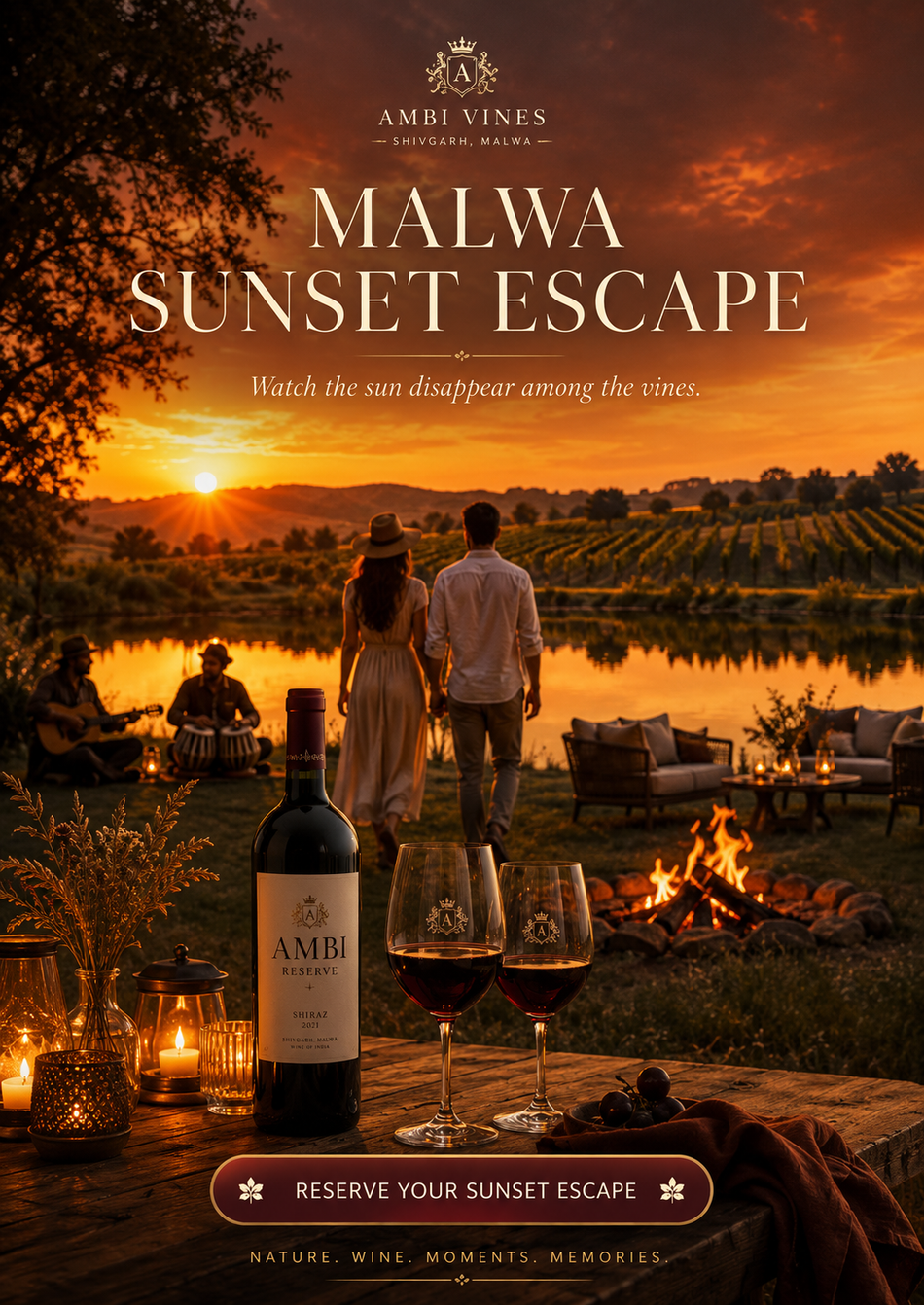 Malwa Sunset Escape — a couple walks toward the sunset by the estate lake with a bonfire and folk musicians nearby