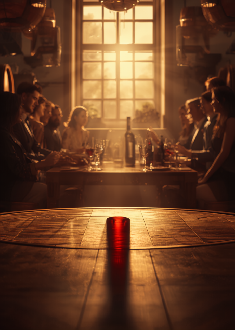 An intimate long-table dinner lit by candlelight in the estate's barrel room